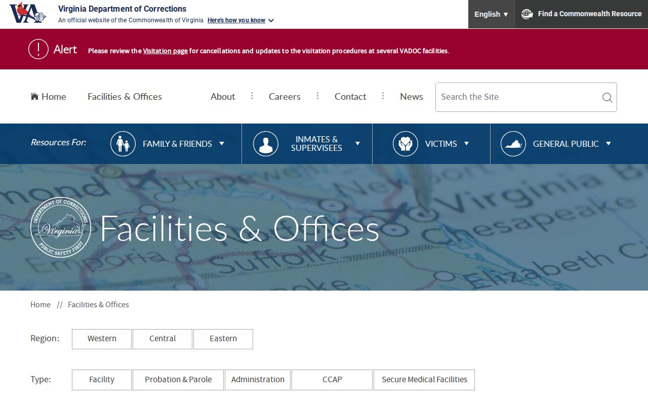 Virginia Department of Corrections statewide facilities and offices directory
