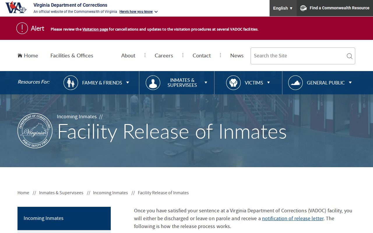 VADOC actual facility release process for Grayson County records