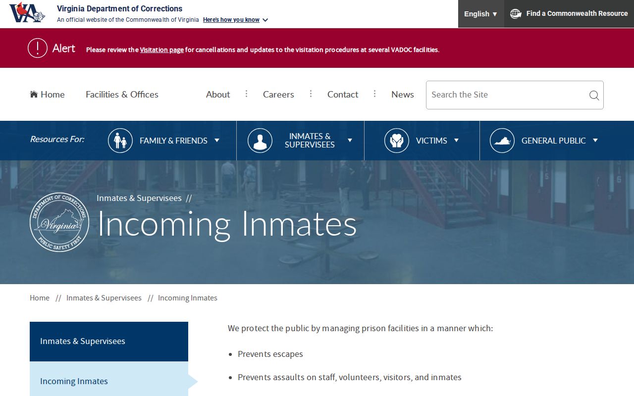 Virginia Department of Corrections incoming inmate placement information